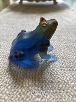 Daum France Pate de Verre Blue frog withGold Eyes With Orig Box 3 1/4x 2 ¾-mint