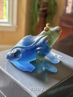Daum France Pate de Verre Blue frog withGold Eyes With Orig Box 3 1/4x 2 ¾-mint