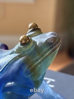 Daum France Pate de Verre Blue frog withGold Eyes With Orig Box 3 1/4x 2 ¾-mint