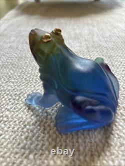 Daum France Pate de Verre Blue frog withGold Eyes With Orig Box 3 1/4x 2 ¾-mint