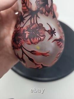 Daum Nancy Cameo and Enameled Vase with Cherry Blossom Flowers Decor, France