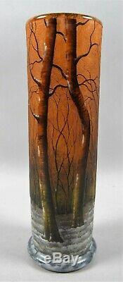 Daum Nancy French Enamel Painted Cameo Glass Winter Woodland Scene Vase 8.5MINT