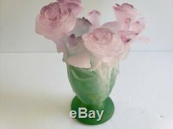 Daum Nancy Vase Green With Pink Roses Footed And Signed By Artist