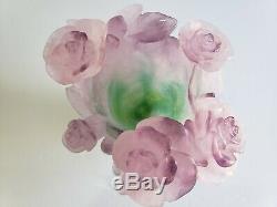 Daum Nancy Vase Green With Pink Roses Footed And Signed By Artist