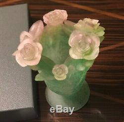 Daum Nancy Vase Green with Pink Roses Footed NIB