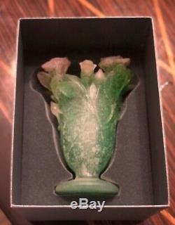 Daum Nancy Vase Green with Pink Roses Footed NIB