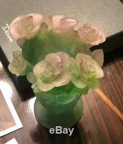 Daum Nancy Vase Green with Pink Roses Footed NIB