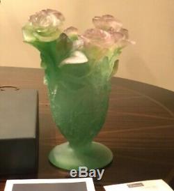 Daum Nancy Vase Green with Pink Roses Footed NIB