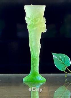 Daum Pate De Verre Vase with Yellow Green Orchid Flowers Attached 7.75 Tall New