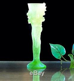 Daum Pate De Verre Vase with Yellow Green Orchid Flowers Attached 7.75 Tall New