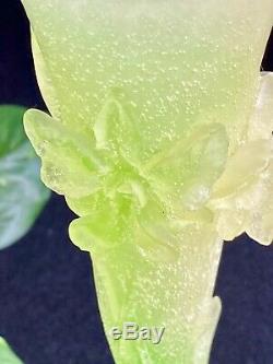 Daum Pate De Verre Vase with Yellow Green Orchid Flowers Attached 7.75 Tall New