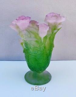 Daum Roses Pâte de Verre Vase Pink Green French Crystal Glass 03507