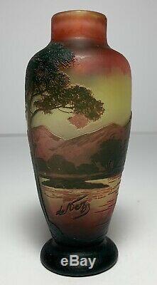 DeVez FRENCH CAMEO Art Glass Vase SIGNED Mountains Trees Lake Scenic