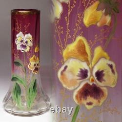 Early 20Th Century French Antique Gold Red Glass Enamel Violet Vase Flower