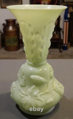 Early 20th Cent. French Art Nouveau Yellow Opaline Glass Floral/Leaf Motifs Vase