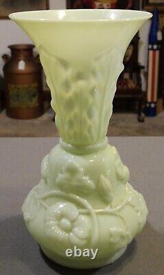 Early 20th Cent. French Art Nouveau Yellow Opaline Glass Floral/Leaf Motifs Vase