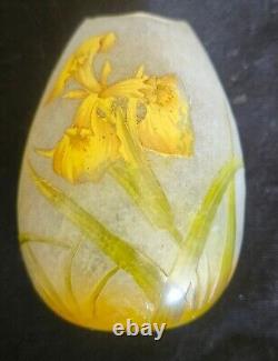 Early Daum art glass Yellow Iris broken egg cabinet vase. Original
