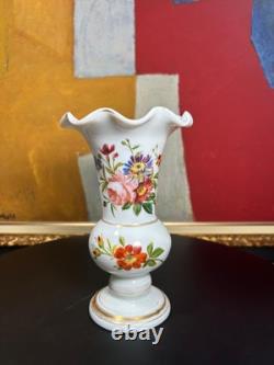Elegant 19th Century French Hand-Painted White Opaline Vase Floral Motif