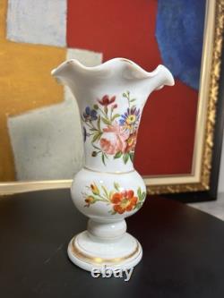 Elegant 19th Century French Hand-Painted White Opaline Vase Floral Motif