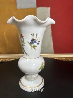 Elegant 19th Century French Hand-Painted White Opaline Vase Floral Motif