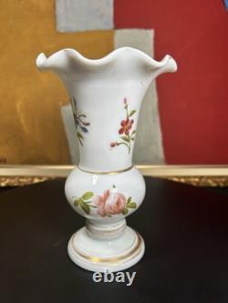 Elegant 19th Century French Hand-Painted White Opaline Vase Floral Motif