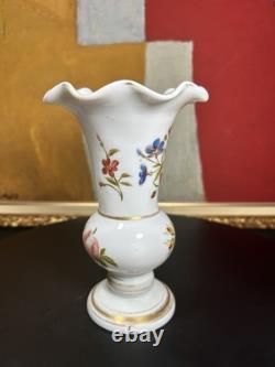Elegant 19th Century French Hand-Painted White Opaline Vase Floral Motif
