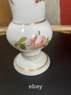 Elegant 19th Century French Hand-Painted White Opaline Vase Floral Motif