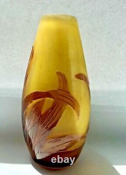 Emile Gallé French Art Glass Vase Gold+Chocolate Floral Pattern, SALE 20% OFF