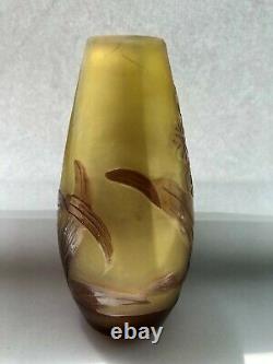 Emile Gallé French Art Glass Vase Gold+Chocolate Floral Pattern, SALE 20% OFF