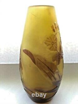 Emile Gallé French Art Glass Vase Gold+Chocolate Floral Pattern, SALE 20% OFF