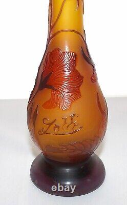 Emile Galle TIP orange Cameo Glass bud Vase w poppies Design Floral Art Nouveau