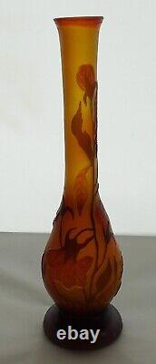 Emile Galle TIP orange Cameo Glass bud Vase w poppies Design Floral Art Nouveau