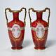 Enameled Gilt Red Cased Opaline Glass Vases Pair Possibly French or Bohemian