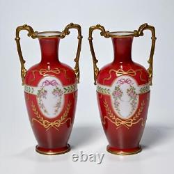 Enameled Gilt Red Cased Opaline Glass Vases Pair Possibly French or Bohemian