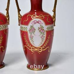Enameled Gilt Red Cased Opaline Glass Vases Pair Possibly French or Bohemian