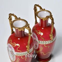 Enameled Gilt Red Cased Opaline Glass Vases Pair Possibly French or Bohemian