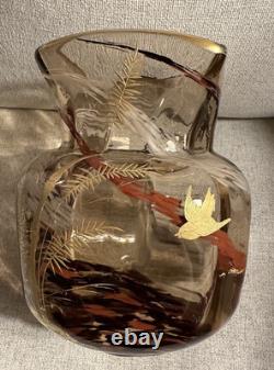 Ernest-Baptiste Leveille French Art Nouveau Japonisme Smokey Glass Gilt Vase WOW
