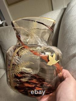 Ernest-Baptiste Leveille French Art Nouveau Japonisme Smokey Glass Gilt Vase WOW