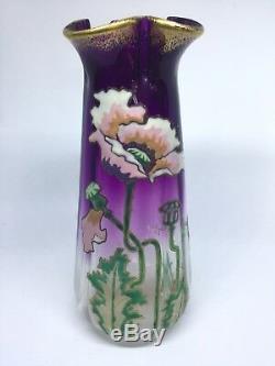 Extremely Beautiful Large Antique French Mont Joye Glass Vase, Poppies Flowers