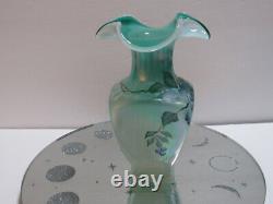 FENTON GLASS 1999 IRIDIZED FRENCH OPALESCENT SQUARE VASE With SPRUCE GREEN CORE