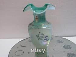 FENTON GLASS 1999 IRIDIZED FRENCH OPALESCENT SQUARE VASE With SPRUCE GREEN CORE