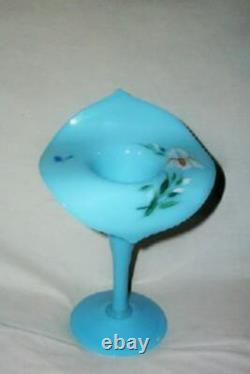 FRENCH BLUE OPALINE GLASS VASE CALLA LILY 19th C. HP FLORAL LATE 1800s ANTIQUE