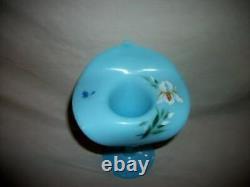 FRENCH BLUE OPALINE GLASS VASE CALLA LILY 19th C. HP FLORAL LATE 1800s ANTIQUE