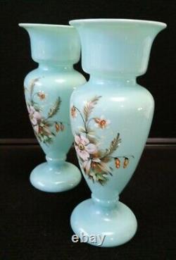 FRENCH BLUE OPALINE Glass Pair of Vase Handpainted 7 7/8