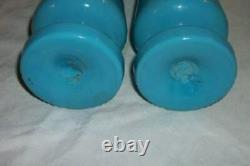 FRENCH BLUE OPALINE RUFFLED VASE PAIR HP PONTIL MARK LATE 1800's FRANCE ANTIQUE