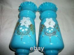 FRENCH BLUE OPALINE RUFFLED VASE PAIR HP PONTIL MARK LATE 1800's FRANCE ANTIQUE