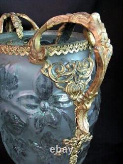 FRENCH CENTERPIECE VASE ART NOUVEAU GLASS w ORMOLU MOUNTS c. 1900