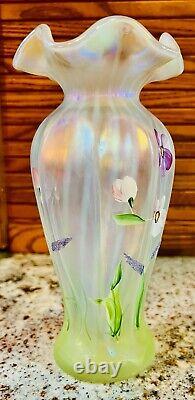 FentonHP IRIDIZED FRENCH OPALESCENT RIB OPTIC VASE Scott K Fenton Signed