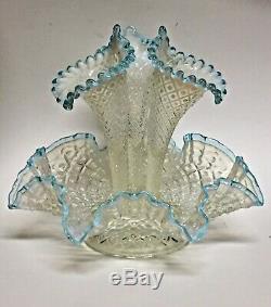 Fenton 3-Horn Epergne Diamond Lace Aqua Blue Crest French Opalescent Large