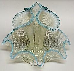 Fenton 3-Horn Epergne Diamond Lace Aqua Blue Crest French Opalescent Large